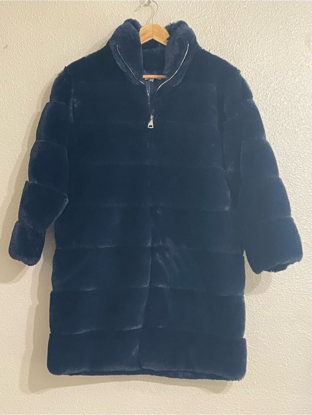 Free Haven Tiered Faux Fur Mid-Length Coat in Navy Blue